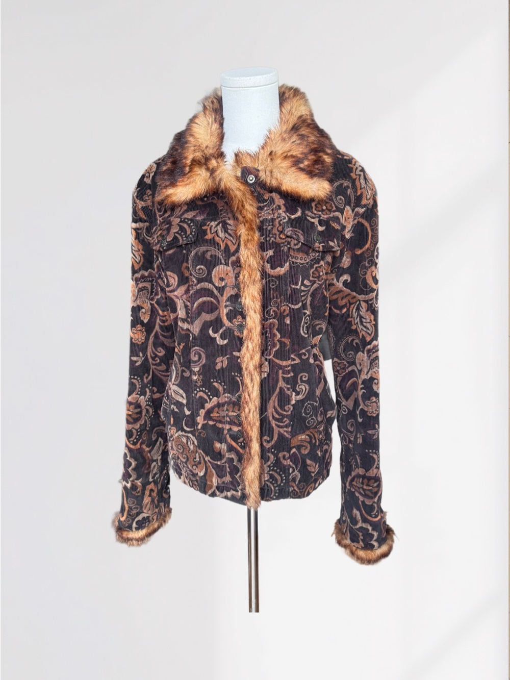 Vintage Inspired Black Rivet Corduroy Paisley and Faux Fur Penny Lane Jacket